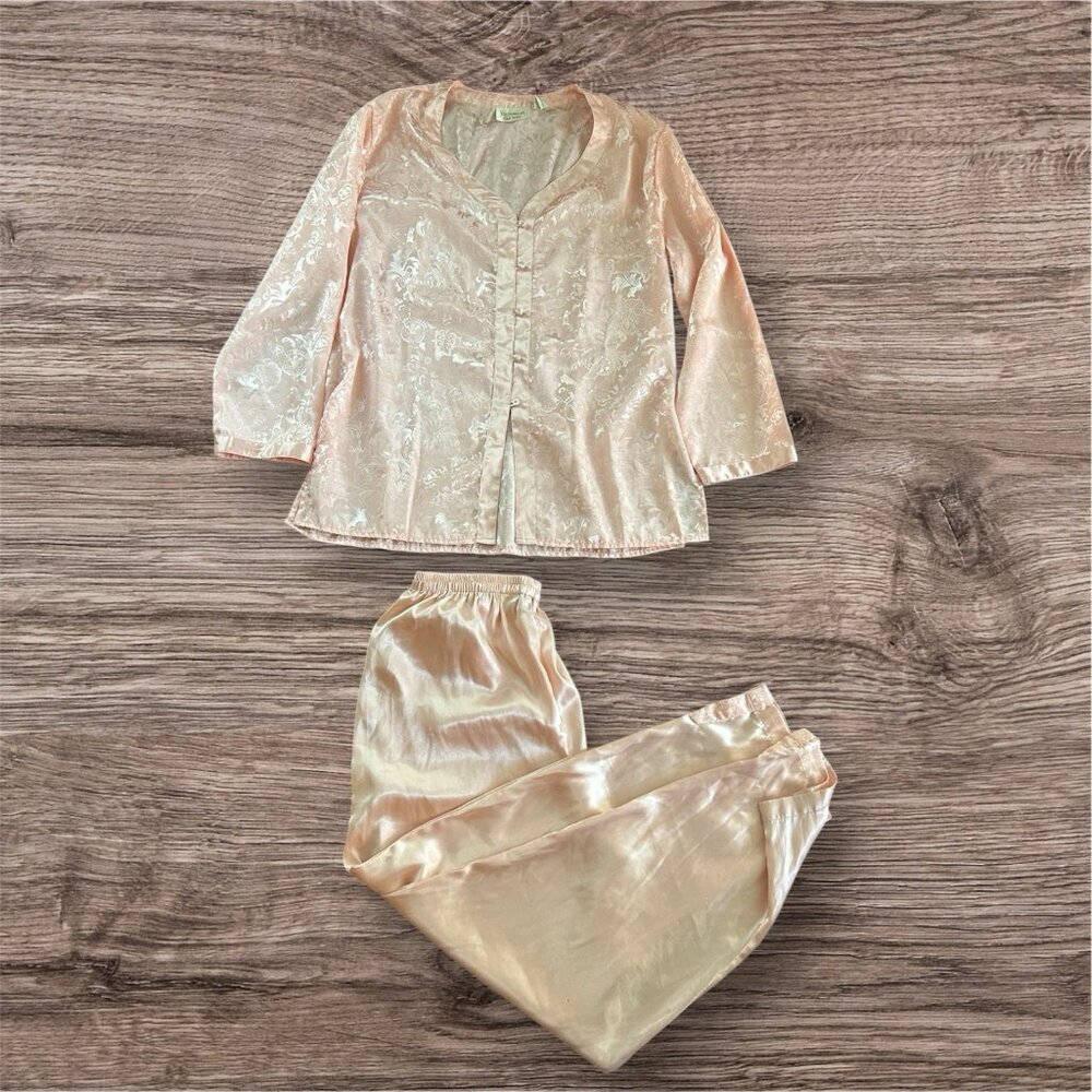 Victoria's Secret Satin Pajama Set M Pink Peach Gold Label Floral‎ Lace DEFECT